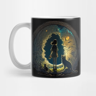 Mysterious Anime Portal: A Girl and Her Cat in Blue, Black & Yellow Mug